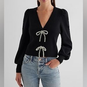 Express V-Neck Embellished Bow Cardigan Black